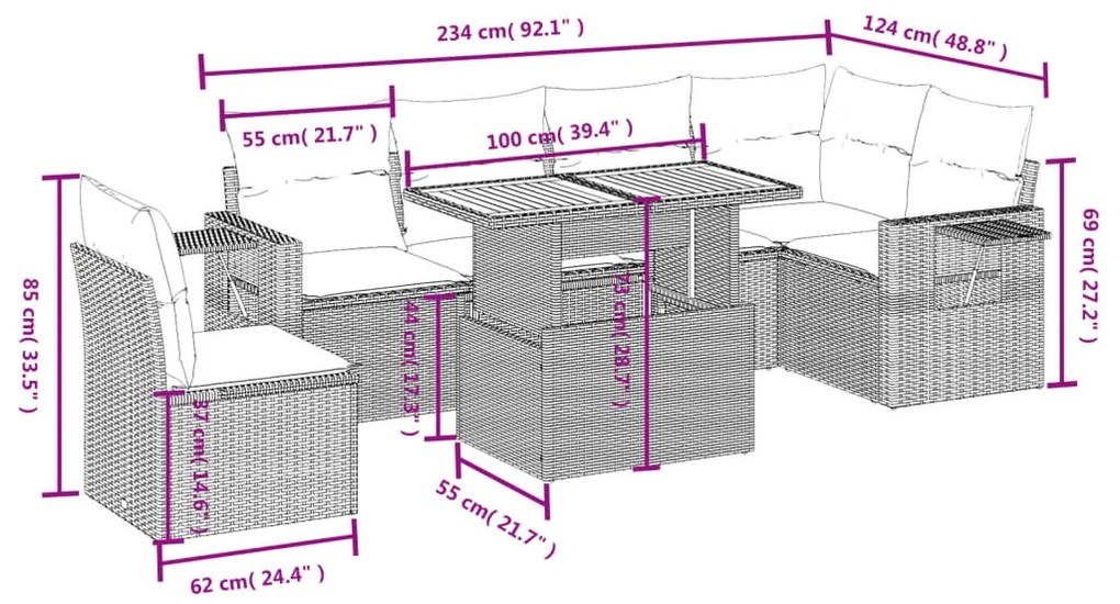 7 pcs conjunto de sofás p/ jardim com almofadões vime PE bege