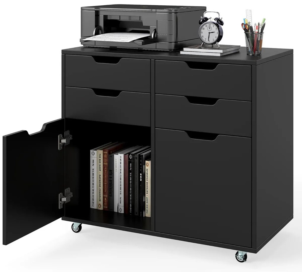 Armário de Escritório e 2 portas Móvel com gavetas móveis e 5 rodas 73 x 40 x 64,5 cm Preto