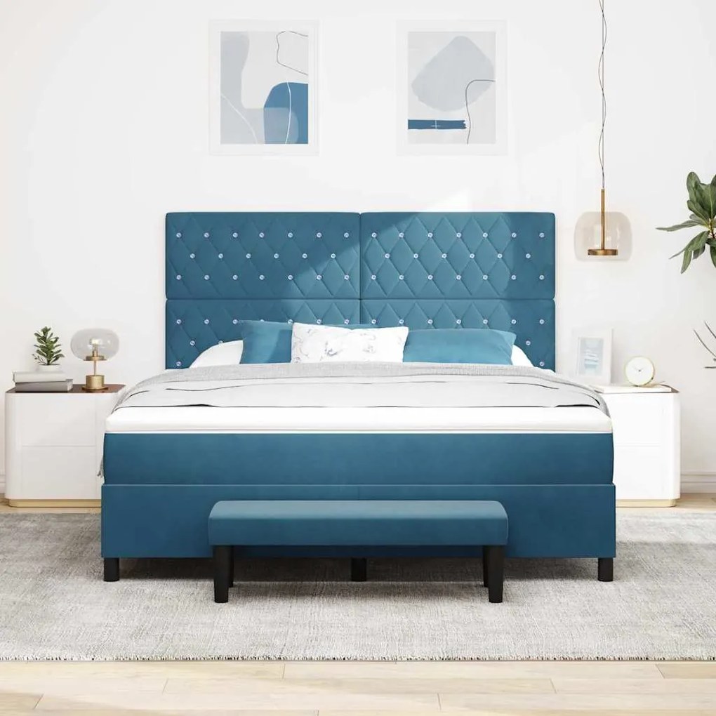 Cama Box Spring com Colchão e Banco Azul Escuro 180x200 cm Veludo