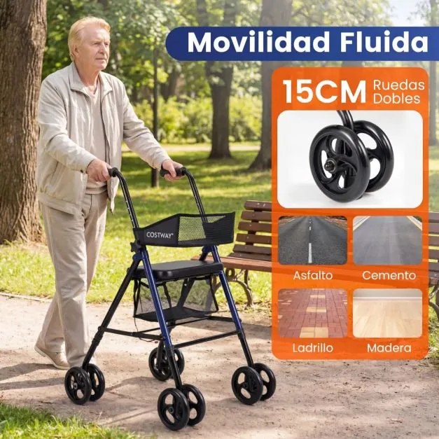 Andador para idosos com assento, pegas ajustáveis em 8 níveis, encosto em malha, bolsa de arrumação e rodas, preto + azul