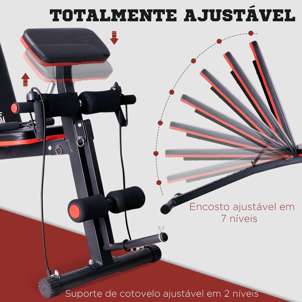 Banco de Musculação com Encosto Ajustável em 7 Posições Extensão de Pernas Apoio para Bíceps e Banda de Resistência para Treino Completo em Casa 54x16