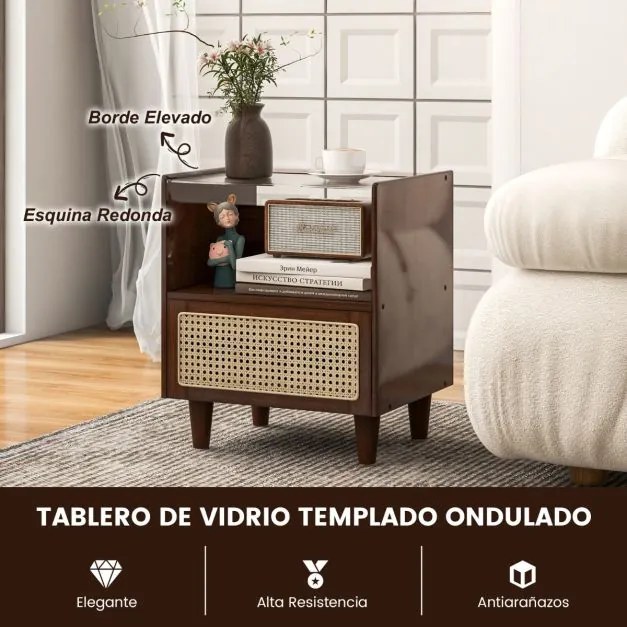 Conjunto de 2 Mesas de cabeceira de bambu e rattan com gaveta e pernas de madeira maciça  43 x 35 x 50 cm Castanho