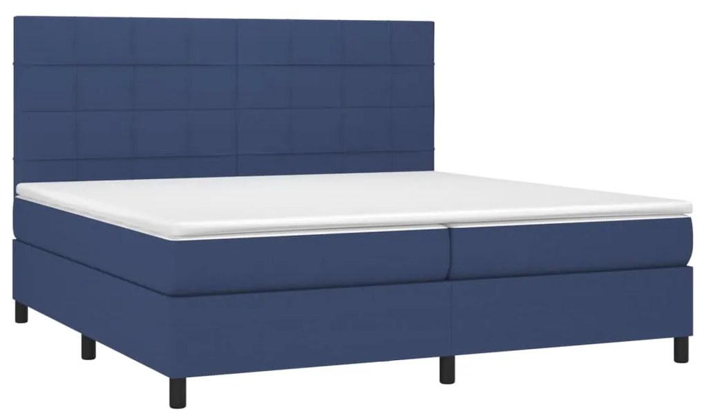 Cama box spring c/ colchão e LED 200x200 cm tecido azul