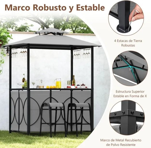 Conjunto de Pérgula para Churrasqueira ou bar 194 x 121 x 242 cm com 2 Bancos Estante Metálica de 2 Níveis com Teto Duplo Cinzento