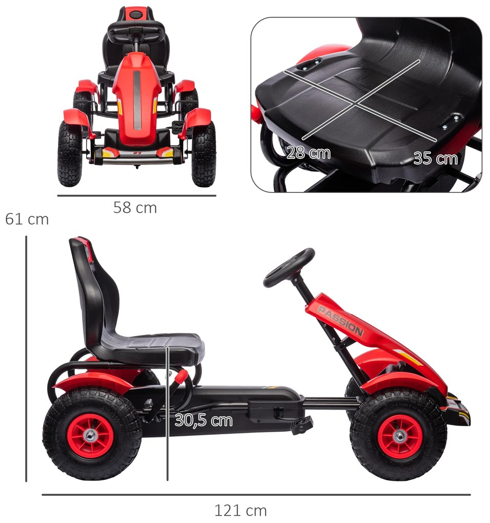 Kart a Pedais para Crianças com Assento Ajustável Pneus de Goma Travão de Mão para Crianças de 5-12 Anos 121x58x61 cm Vermelho