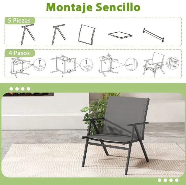 Conjunto de 2 cadeiras de jardim com tecido respirável cinza