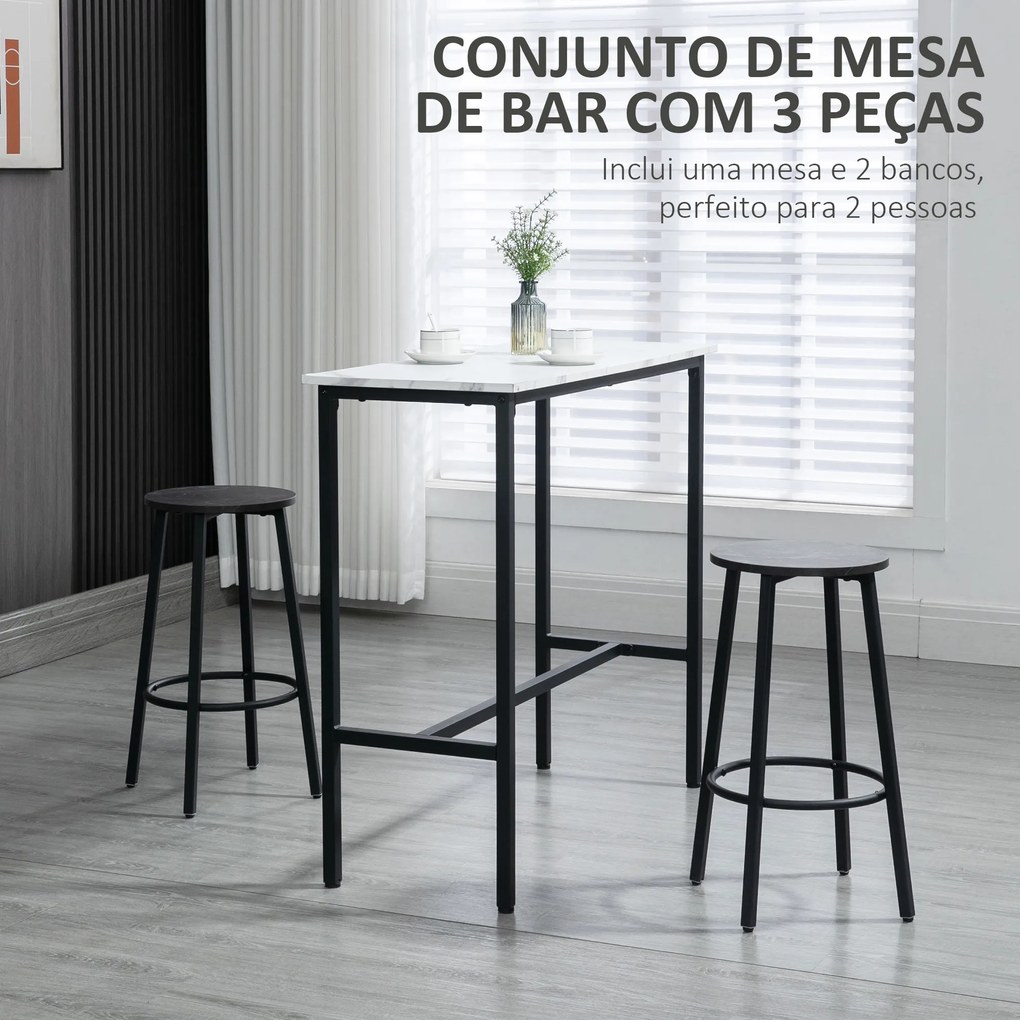 Conjunto de Mesa Alta com 2 Bancos Redondos com Estrutura de Aço Estilo Moderno para Cozinha Sala de Estar Branco e Preto