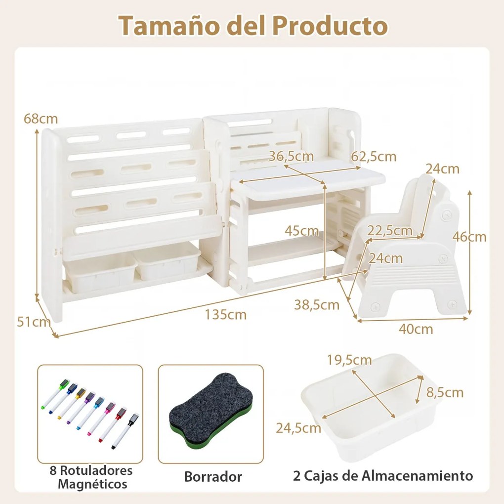 Conjunto de secretária e cadeira infantil com estantes laterais, cestos de arrumação, quadro branco apagável e estantes abertas para crianças a partir