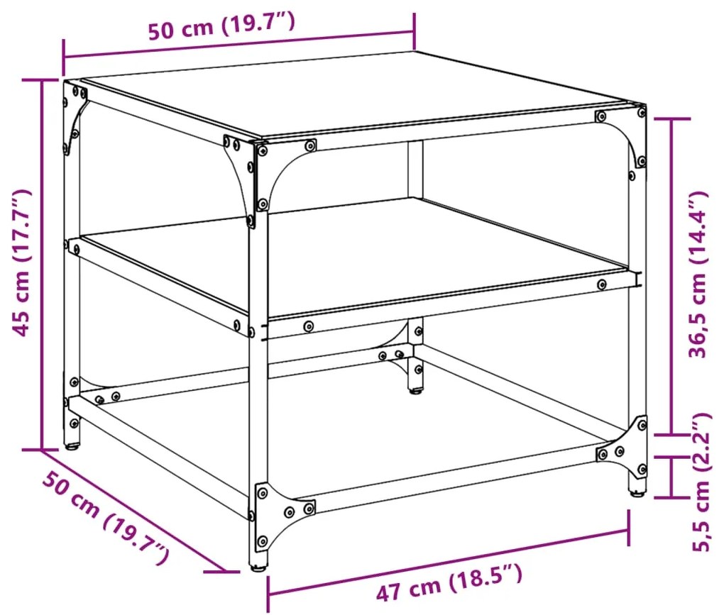Mesa de centro com topo em vidro preto 50x50x45 cm aço