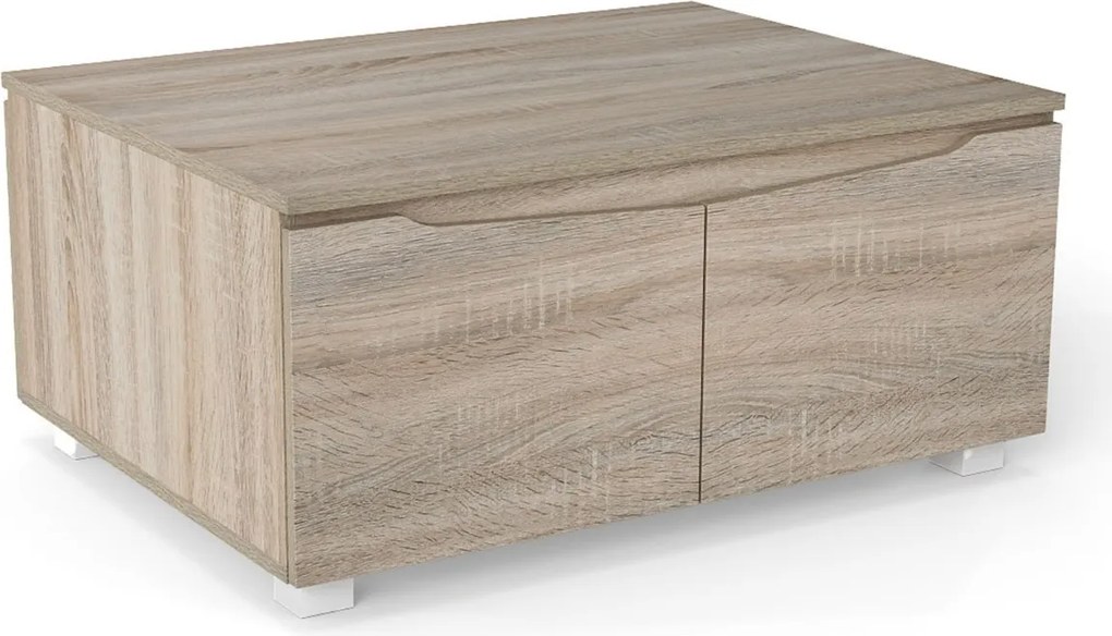 Mesa de centro rústica 80 x 60 x 37 cm baixa com arrumação com 4 portas e abertura em 2 direções castanha