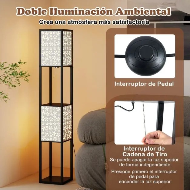 Candeeiro de pé e prateleiras de madeira 26 x 26 x 156 cm com 2 abajures com padrões recortados Luz independente com puxador e interruptor preto