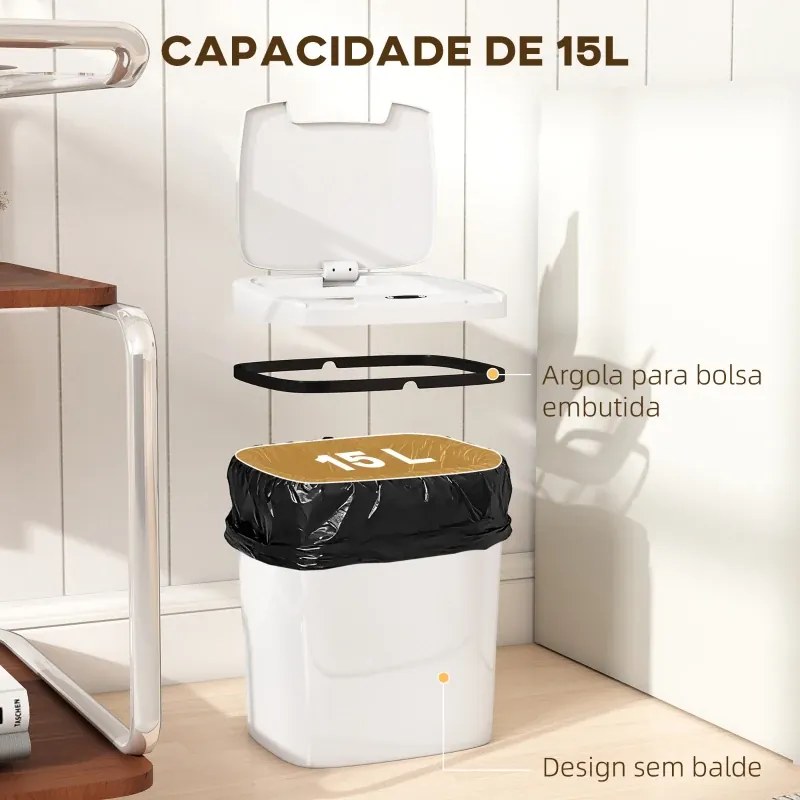 Caixote de Lixo Automático 15L com Sensor Infravermelhos e Modo Manual Anel de Retenção Antimarcas 27,6x21,4x33,5 cm Branco