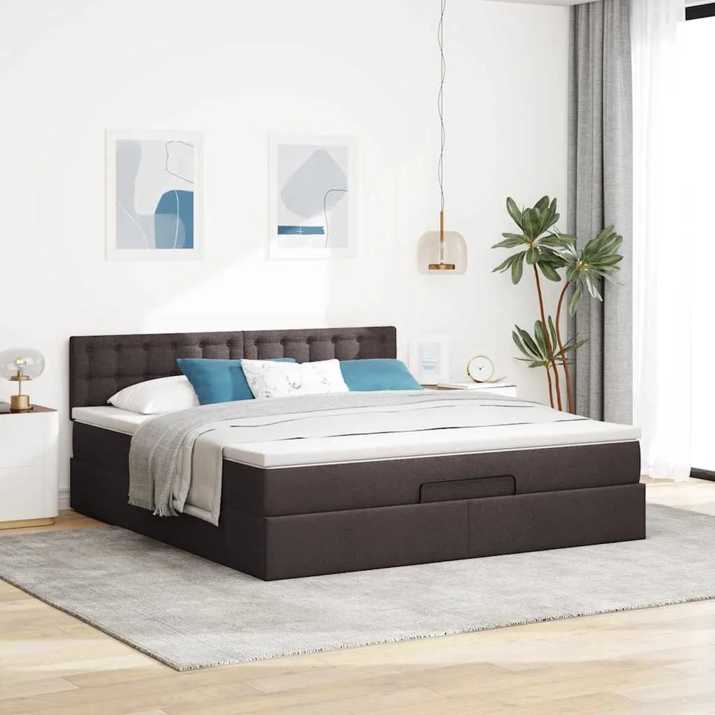 Estrutura de cama otomana com colchão tecido castanho escuro