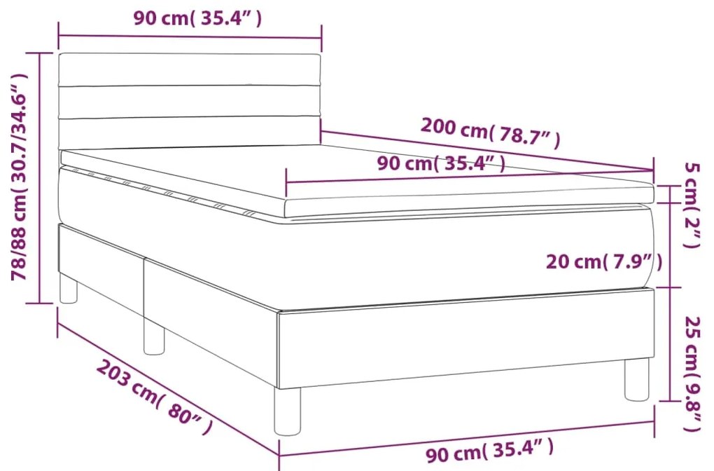 Cama box spring c/ colchão e LED 90x200 cm tecido cinza-escuro
