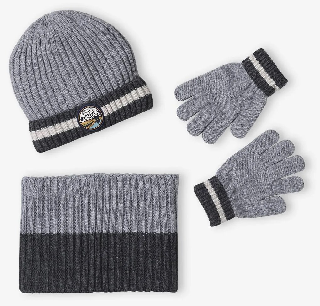 Conjunto  gorro + gola snood + luvas «Montanhas», para menino   cinza mesclado