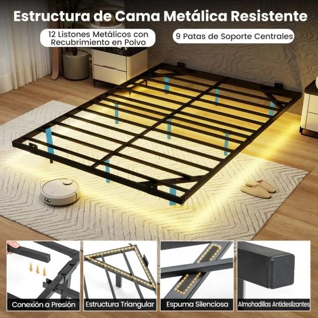 Estrutura de cama flutuante com luzes LED 200 x 140 x 24,5 cm de metal para colchão (COLCHÃO NÃO INCLUIDO) Base de ripas Somier preto