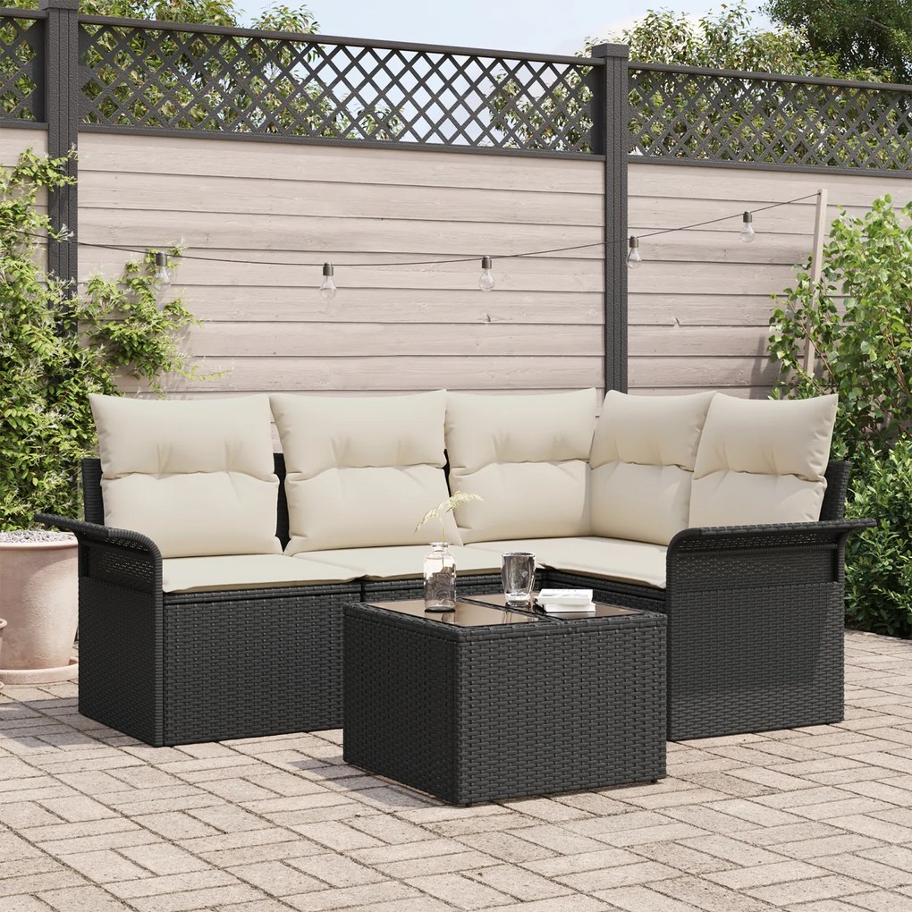 Conjunto de Sofá de Jardim de 4 Peças com Almofadas Rattan Poliéster M