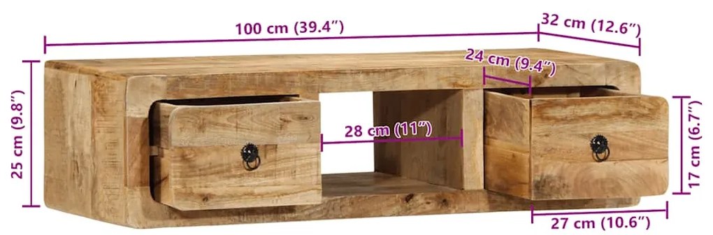 Armário de TV para parede 100x32x25 cm mangueira áspera maciça