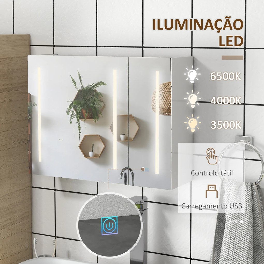 Armário Casa de Banho com Espelho e Luz LED com 3 Portas Prateleiras Ajustáveis e Interruptor Tátil 90x15x70 cm Branco Brilhante