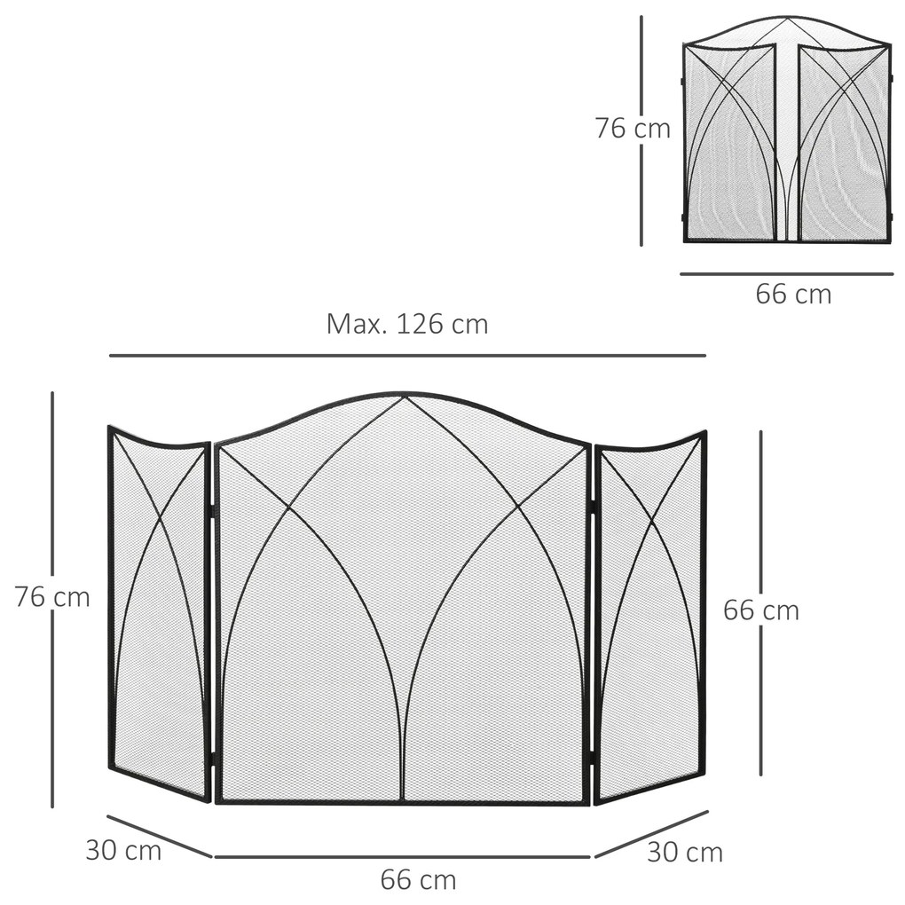 Frente para Lareira Dobrável Proteção para Lareira de 3 Painéis com Dobradiças e Estrutura de Metal Decorativa 126x2x76cm Preto
