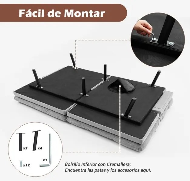 Sofá-cama conversível dobrável Futon de 3 lugares com encosto e apoios de braços ajustáveis para casa e escritório Cinzento