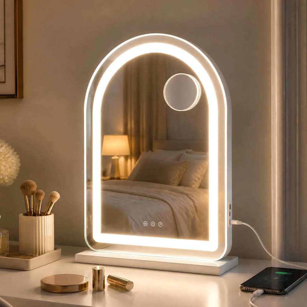 Espelho de Maquilhagem, 40 x 12 x 55 cm, Luz LED de Três Cores Regulável, Branco