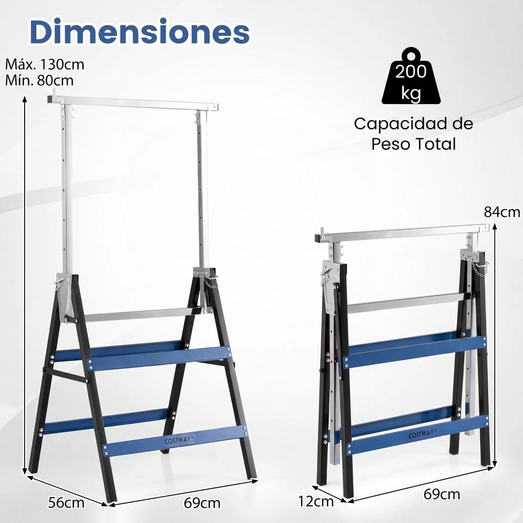 Conjunto de 2 Cavaletes de Trabalho, 69 x 56 x 80-130 cm, Altura Regulável, Preto+Azul