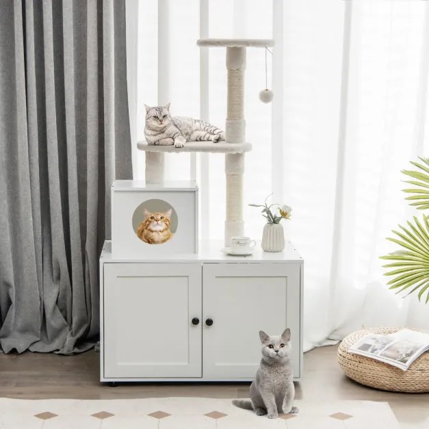 Caixa de areia para Gatos e armário de torre inicial com esconderijo e expositor 77-5 x 49 x 132 cm branco