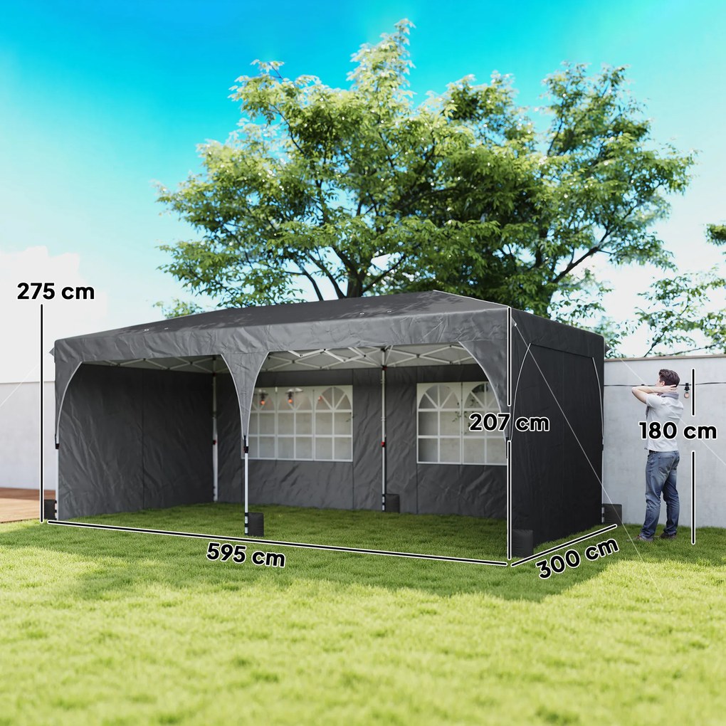 Tenda Dobrável 6x3 m Pop-up com 4 Laterais Amovíveis Tenda de Jardim com Faixas Refletoras Altura Ajustável UPF50+ Cinzento