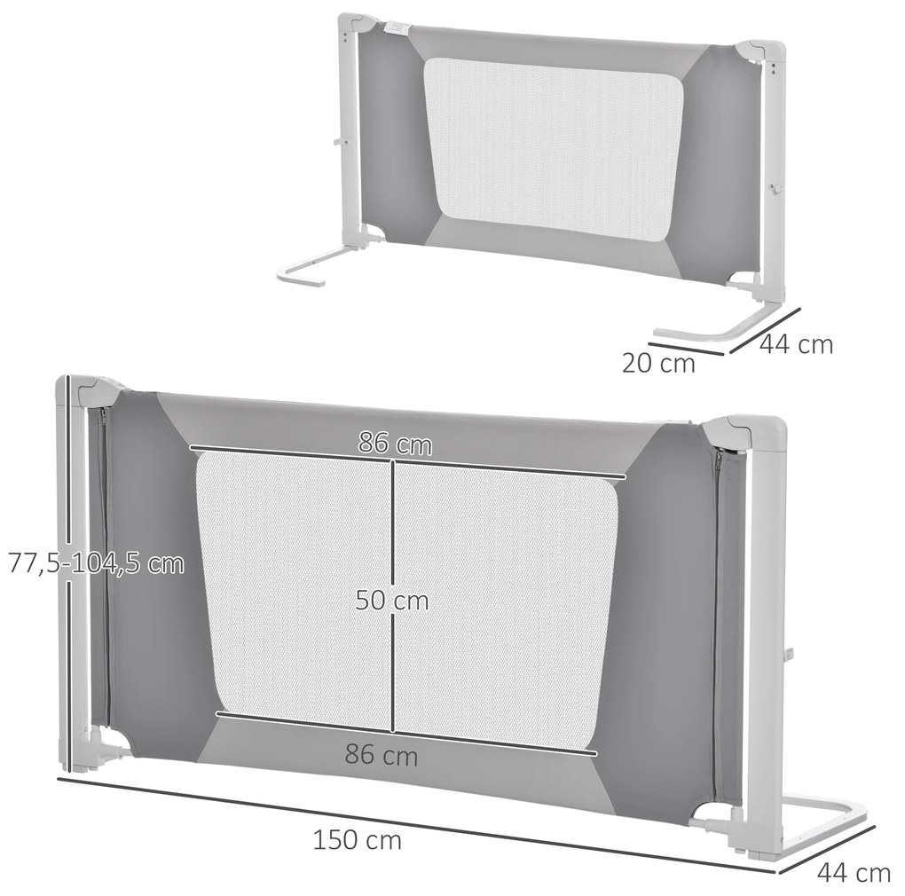 Barreira de Cama para Crianças de 150cm com Altura Ajustável Barreira de Cama Infantil Proteção Anti Queda com Estrutura de Alumínio 150x44x77,5-104,5