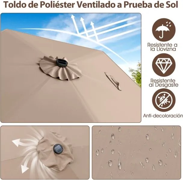 Guarda-sol LED com luzes LED Solares Sistema de inclinação com botão 230 x 230 x 225 cm Castanho Claro