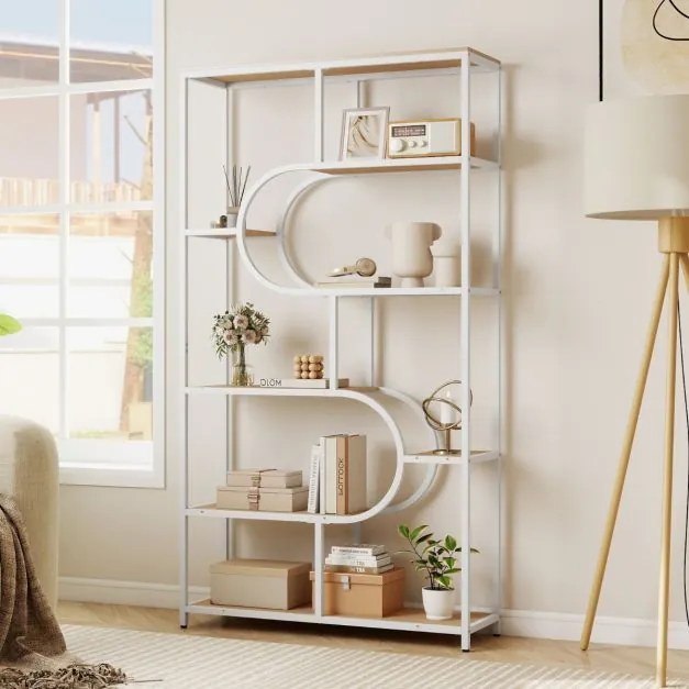 Estante de 8 prateleiras abertas 95 x 30 x 175 cm Design em forma de U Estrutura metálica natural e branco