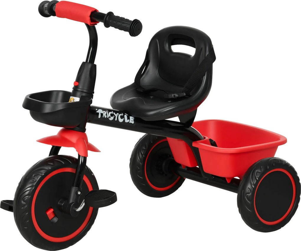 Triciclo evolutivo para crianças com assento ajustável, pedais, 2 cestos e cinto de segurança, para crianças dos 2 aos 5 anos, vermelho e preto