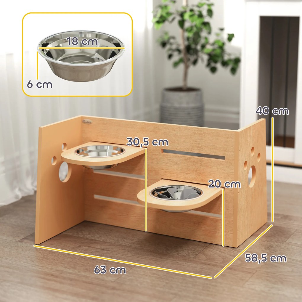 Comedouro elevado para cães com 3 alturas ajustáveis 63 x 58,5 x 40 cm, comedouro para cães com 2 tigelas em aço inoxidável, em cor carvalho