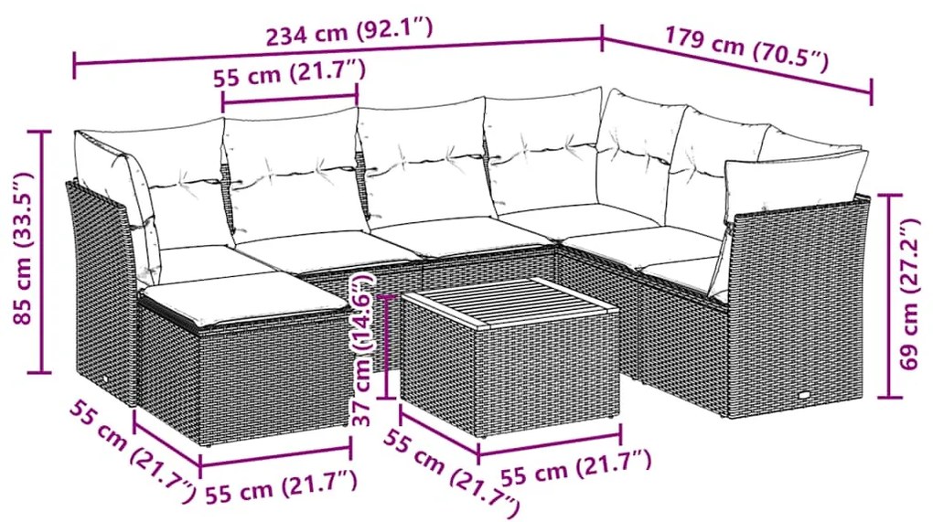 8 pcs conjunto sofás de jardim com almofadões vime PE preto