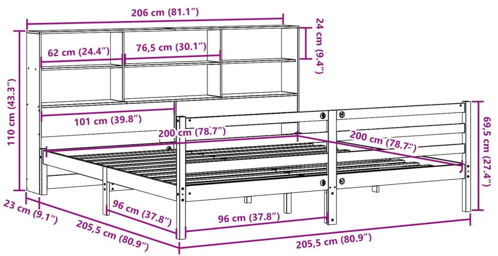 Cama com estante sem colchão 200x200 cm pinho maciço branco