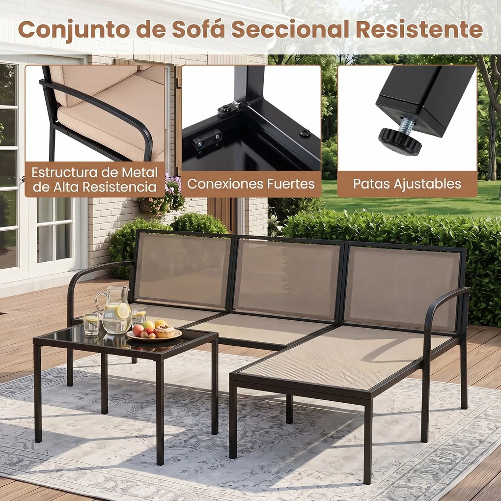 Conjunto de 3 Peças para Jardim, Sofá de 2 Lugares, Sofá em L e Mesa de Centro, 172,5 x 113 x 80 cm, Modular, Caqui