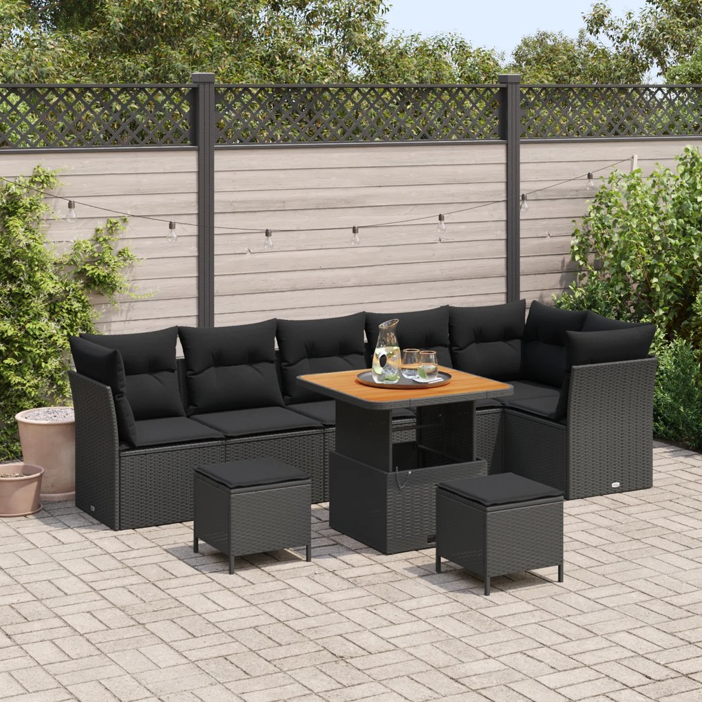Conjunto de Sofá de Jardim vidaXL com Almofadas Preto Rattan de Políme
