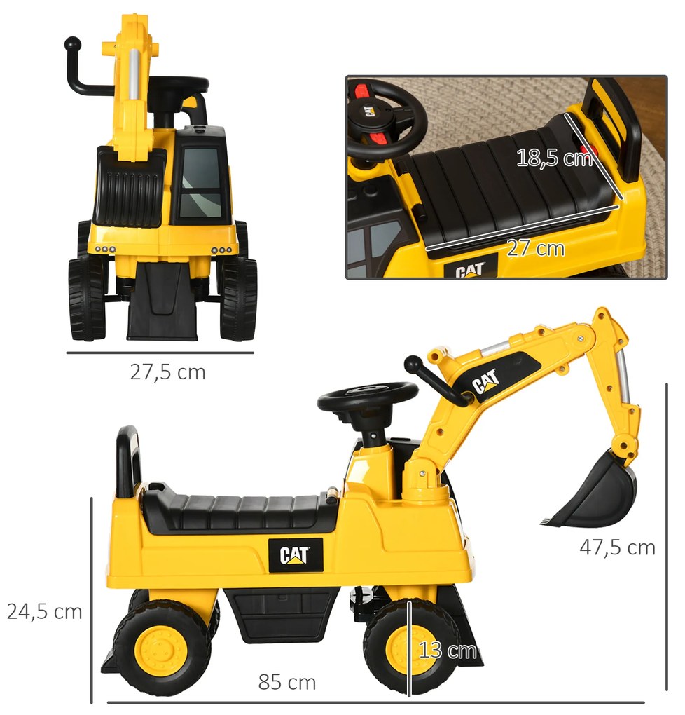 Andarilho Escavadora com Licença Caterpillar Escavadora para Crianças com Pá Dianteira e Buzina 85x27,5x47,5 cm Amarelo