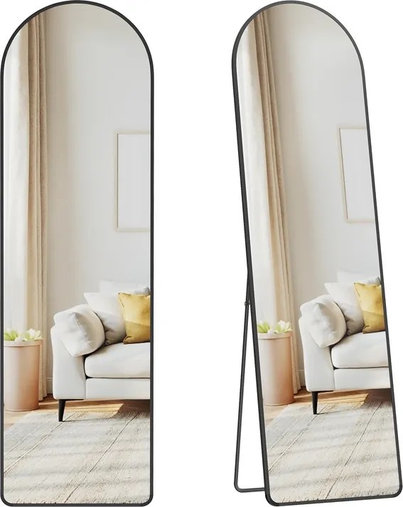 Espelho pé de corpo inteiro com 150 x 40 cm e moldura arqueada em vidro temperado preto
