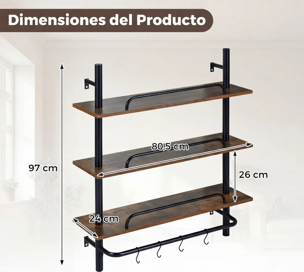 Prateleira suspensa de parede em tubos industriais 80,5 x 24 x 97 cm, com 3 níveis e 4 ganchos em forma de S, em Castanho rústico