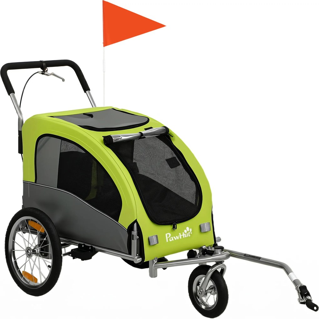 PawHut Reboque de Bicicleta para Cães 2 em 1 Carrinho para Cães de Porte Médio Dobrável com Suspensão Pneus Grandes Janelas Verde | Aosom Portugal