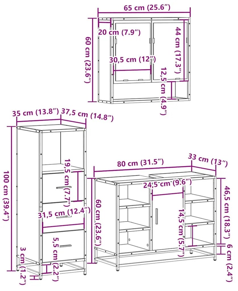 3 pcs Conjunto móveis casa de banho madeira proc. cinza sonoma