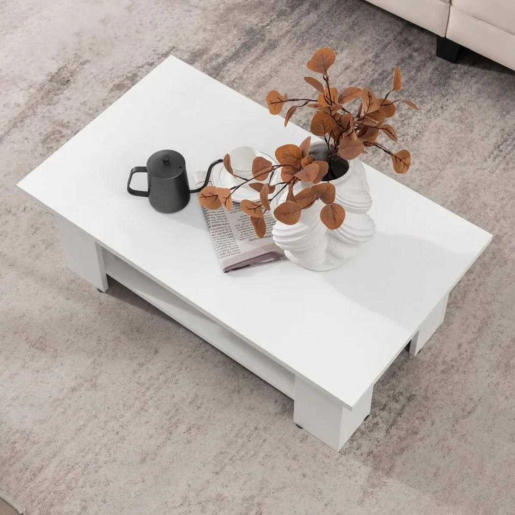 Mesa de centro moderna com prateleira aberta de madeira para sala 90 x 52 x 40 cm branca