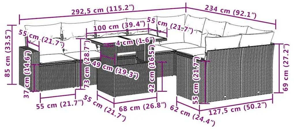 10 pcs conjunto sofás de jardim c/ almofadões vime PE preto