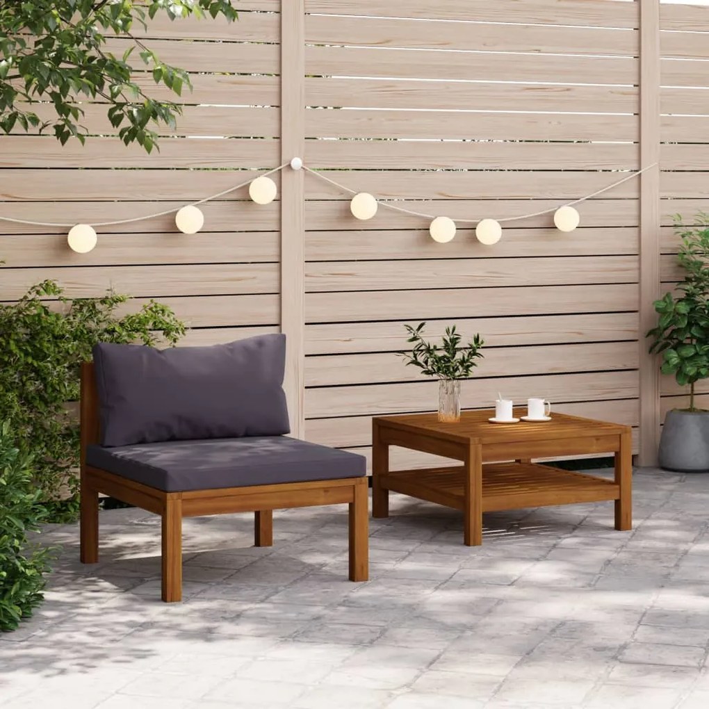 Conj. sofás de jardim 2 pcs c/ almofadões cinza-escuro acácia