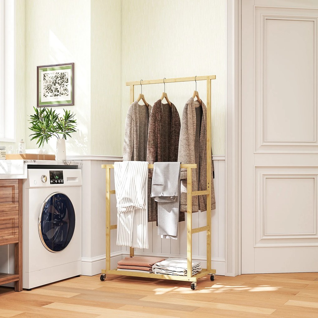 Guarda roupa com Rodas de Bambu com Sapateira 2 Barras para Pendurar para Entrada Corredor Quarto 80x40x160 cm Madeira