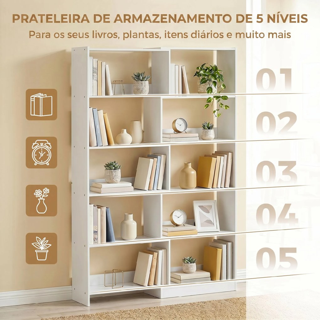 Estante Expansível 5 Níveis Estante para Livros Giratória 350° Largura Ajustável Convertível em L Reta ou Compacta 111,5x23,8x163,7 cm Branco