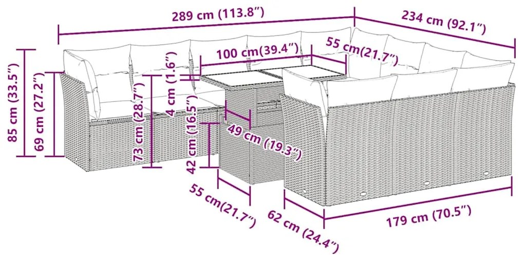 11 pcs conjunto sofás de jardim c/ almofadões vime PE castanho