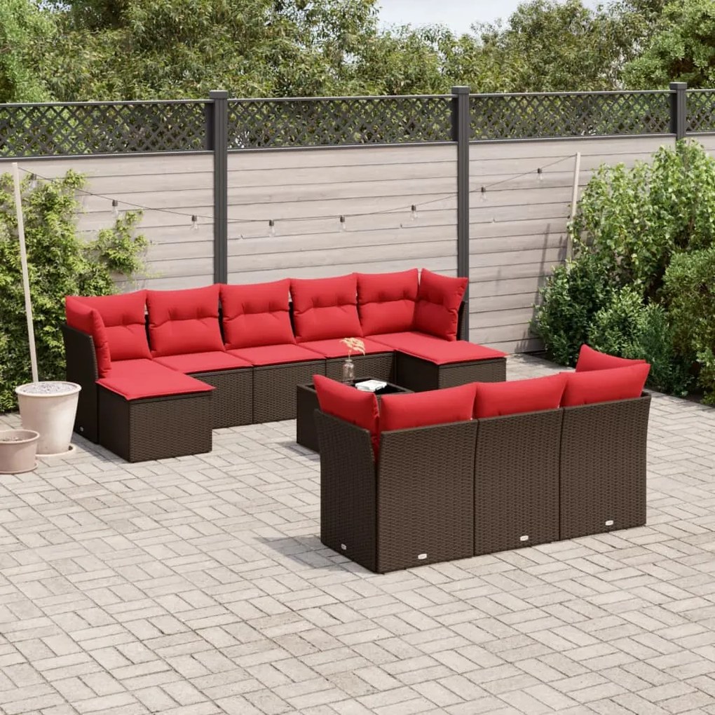 vidaXL 11 pcs conjunto sofás de jardim c/ almofadões vime PE castanho